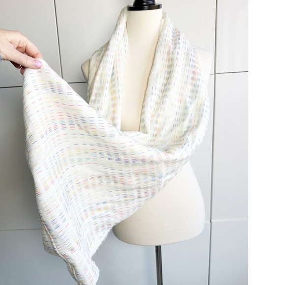 Christopher & Banks Infinity Scarf Colorful Stitching Pattern White Pink Yellow - Picture 5 of 8